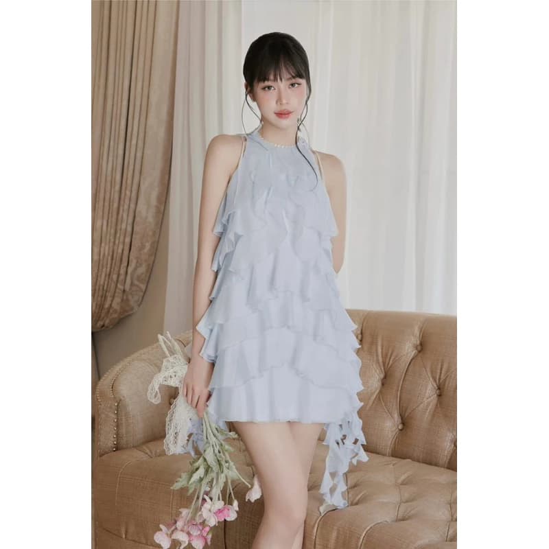 Đầm váy tơ xanh bèo xếp tầng Cổ tròn phối ren Cao cấp - QuynhTrangBasic