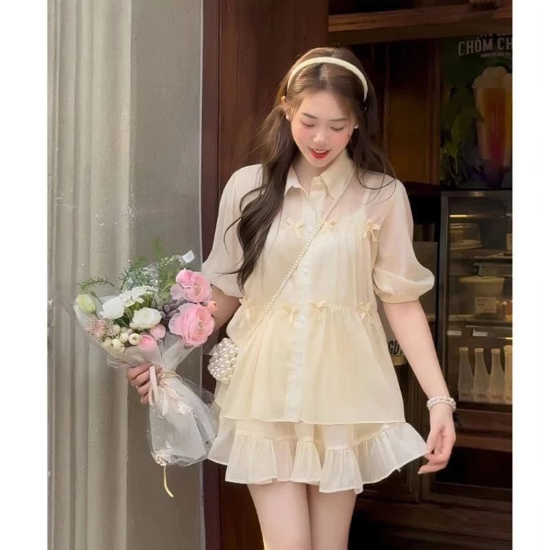 [bigsize 60-90kg] Set voan nơ áo + váy mã b07