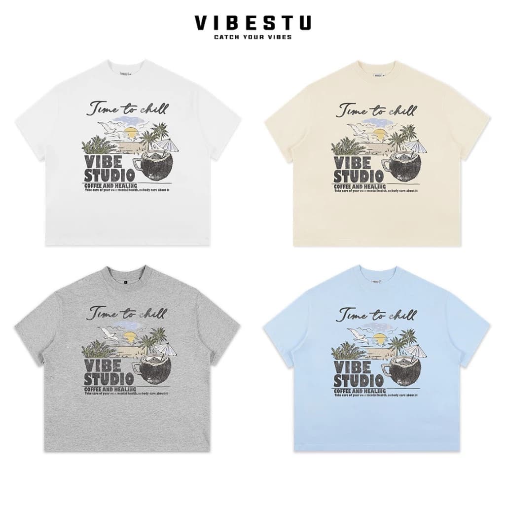 Áo Thun Local Brand VIBESTU " Coffee & Healing " Áo Thun Boxy Form Rộng Unisex 250Gsm Cotton