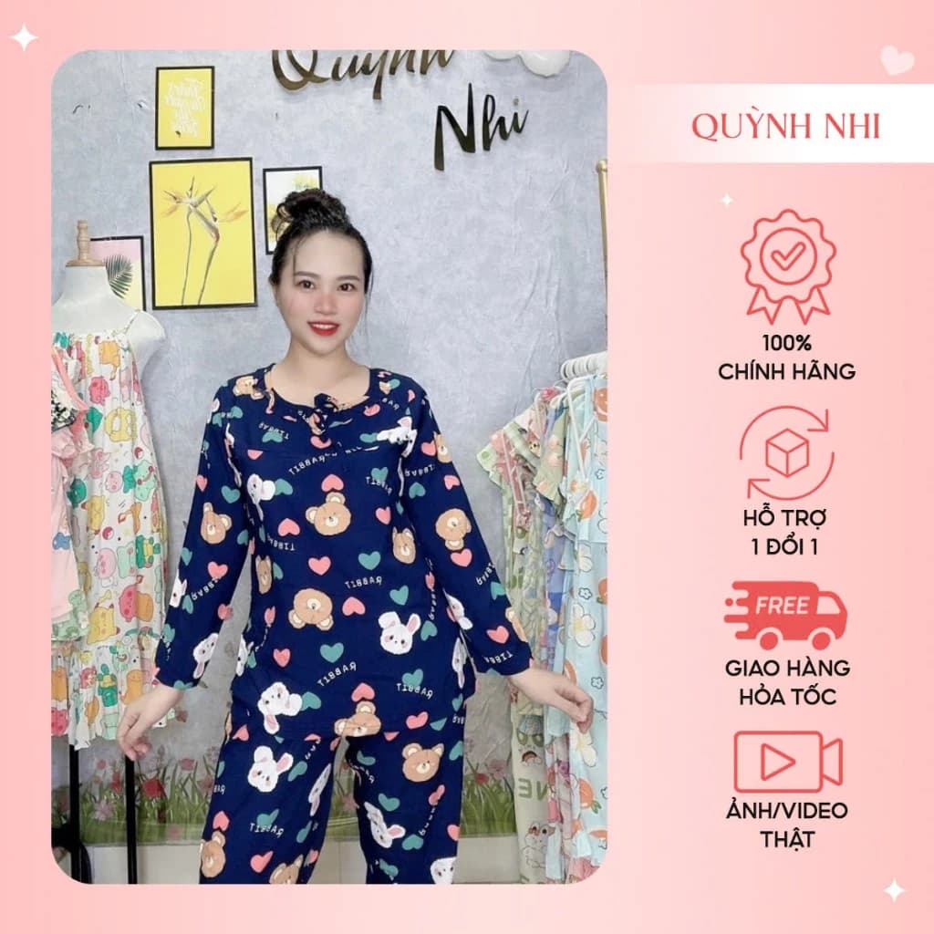 TLD219 Đồ Bộ Nữ Măc Nhà Quần Dài Áo Tay Dài, Hoạ Tiết Dễ Thương, Chất Tole Lanh 2 Da Mềm Mịn Mát, Thấm Hút Mồ Hôi,