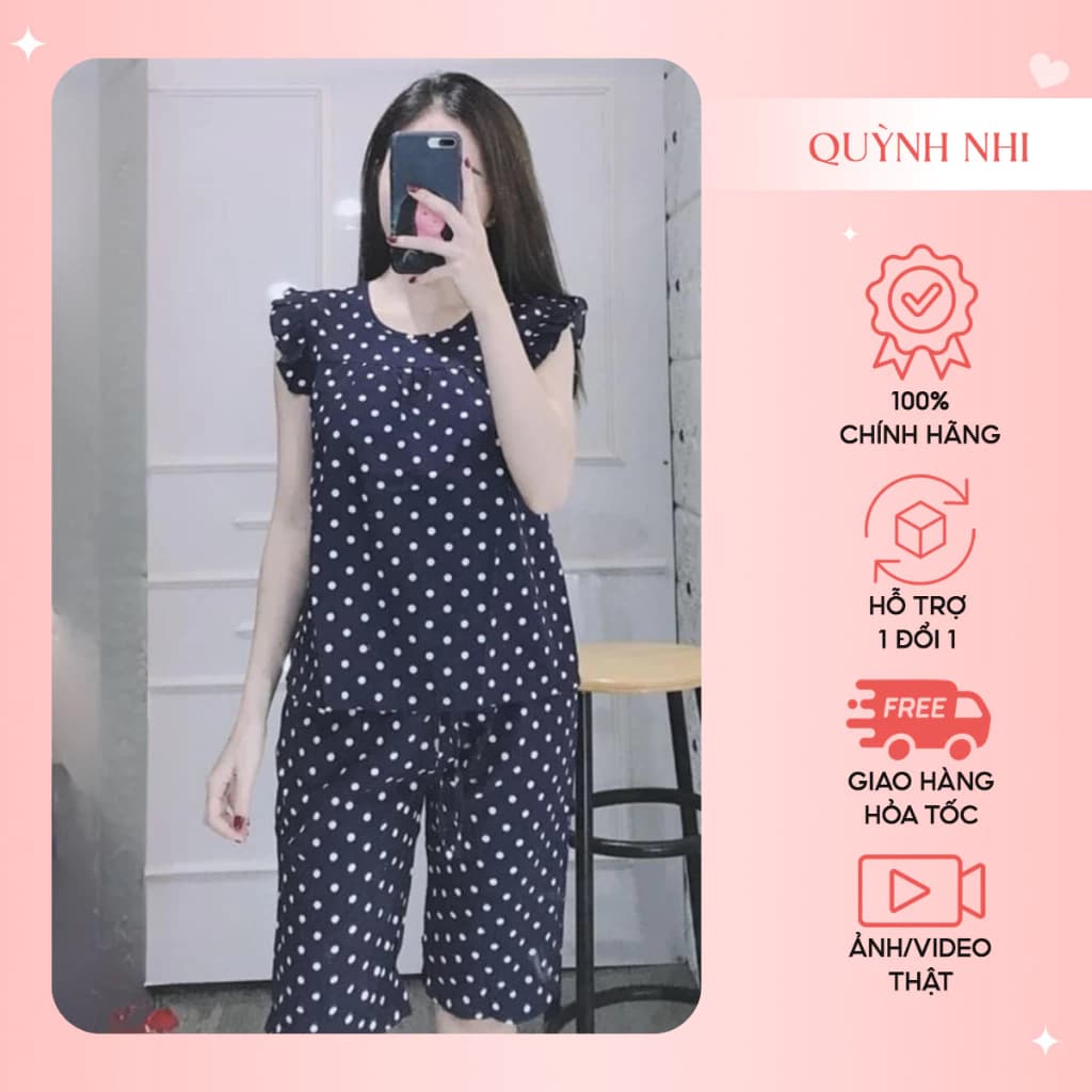 Đồ bộ lanh (tole) mặc nhà nữ VNXK, quần lửng áo cánh tiên , họa tiết chấm bi [CÓ SIZE] - TL01