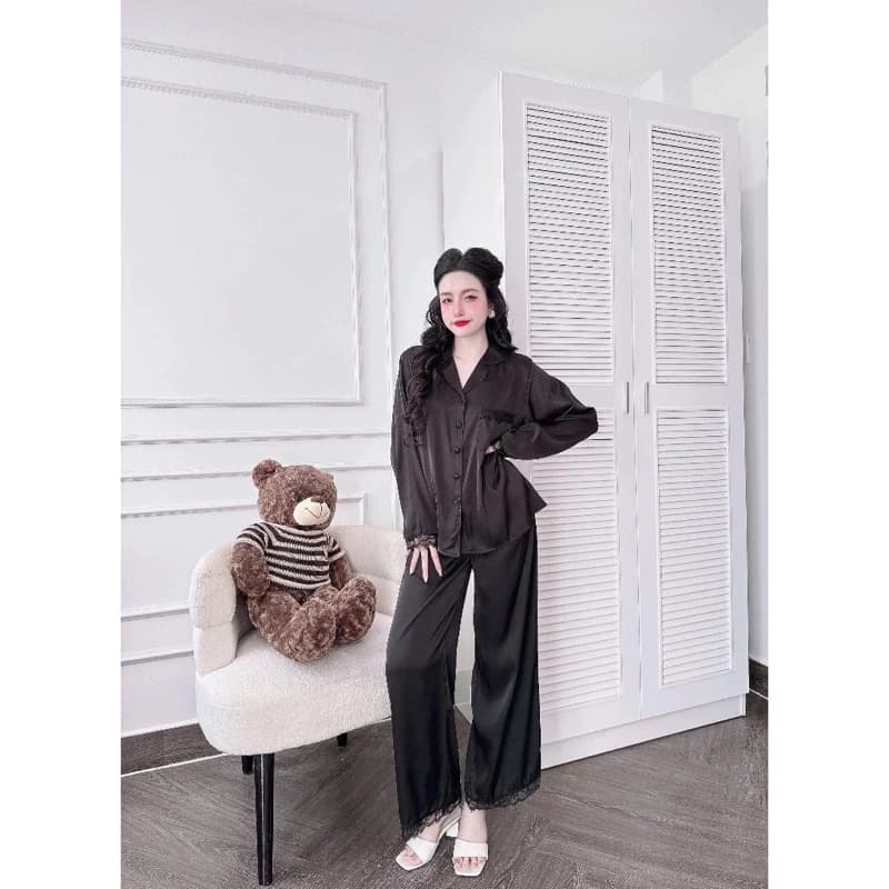 bộ ngủ lụa tiểu thư phối ren mặc nhà