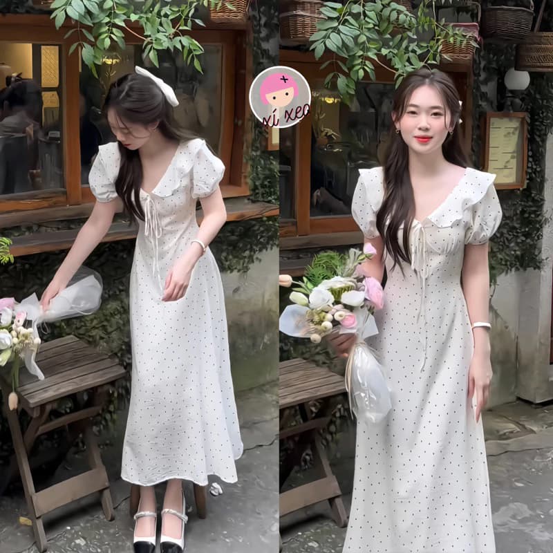Váy cổ v dáng dài họa tiết chấm bi phong cách tiểu thư hàn quốc  xixeoshop- v155
