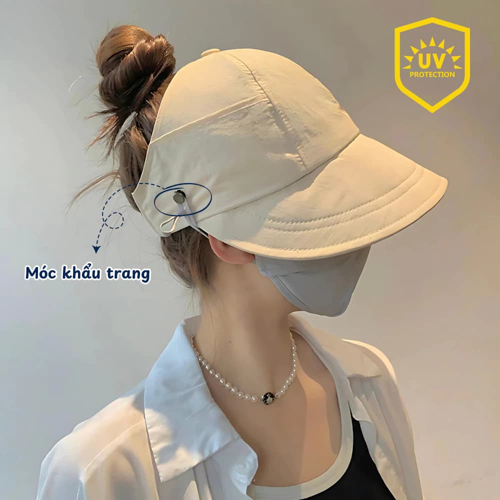 Mũ chống nắng nửa đầu TORO kiểu dáng Hàn Quốc vành rộng có móc đeo khẩu trang, mũ chống nắng buộc tóc đuôi ngựa