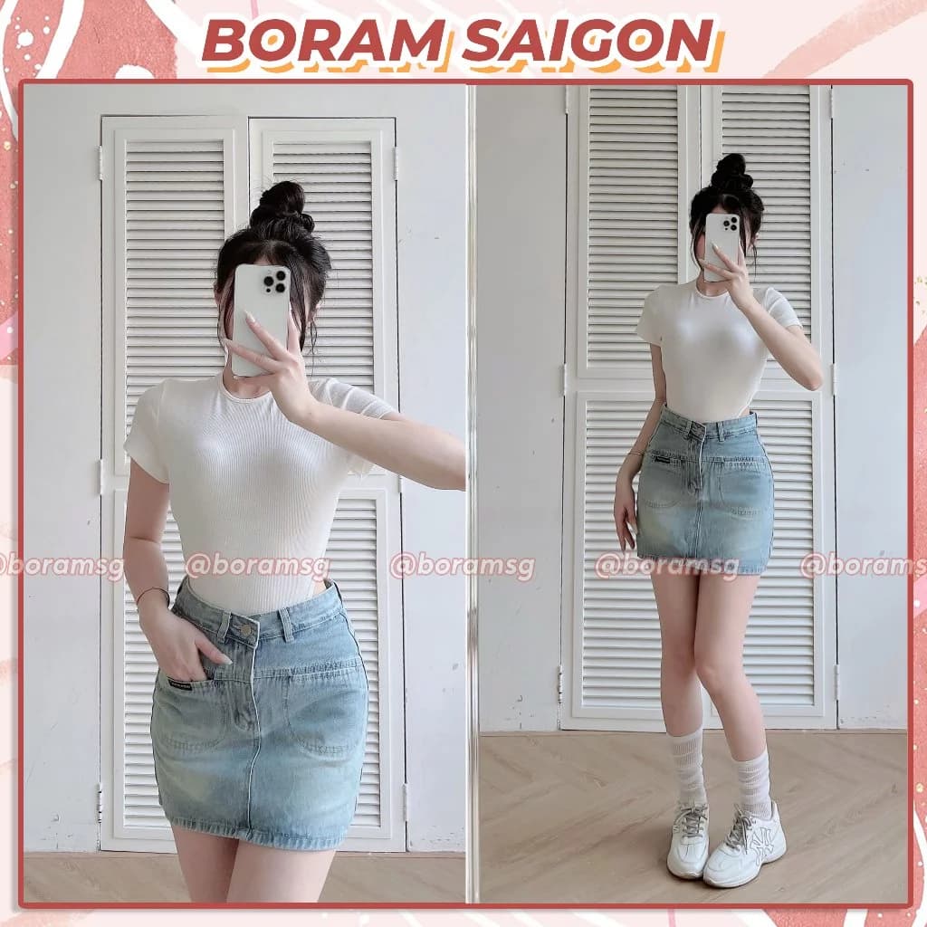 Chân váy jean nữ chữ A xanh nhạt có quần bảo hộ BORAM SG (có quần bảo hộ)
