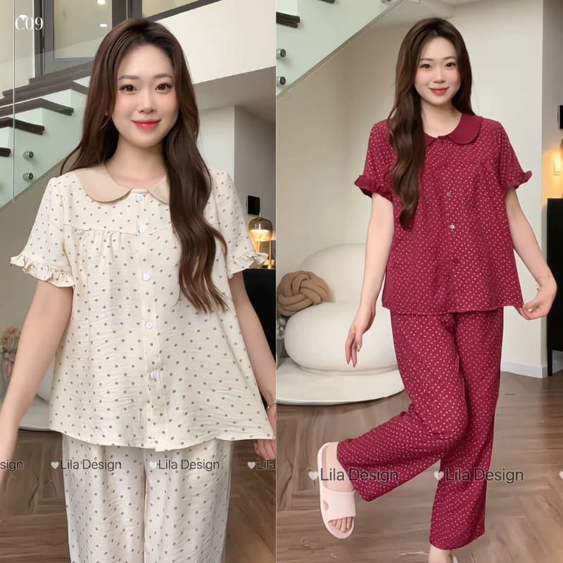 C09- Đồ bộ mặc nhà nữ SUNA chất đũi tơ,tay cộc quần dài, hoa nhí, mềm mịn thoáng mát khi mặc
