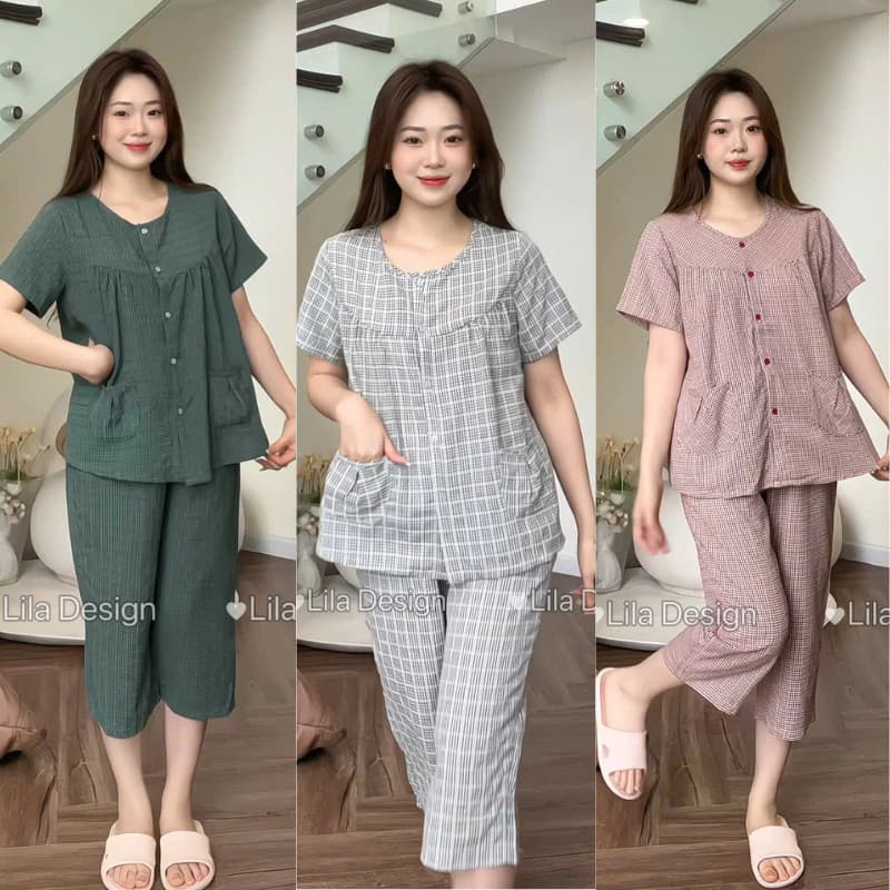 Bộ đồ mặc nhà nữ SUNA phối cọc tay,quần lửng,cổ tròn, chất thô cotton mềm mịn, thấm hút mồ hôi - C05
