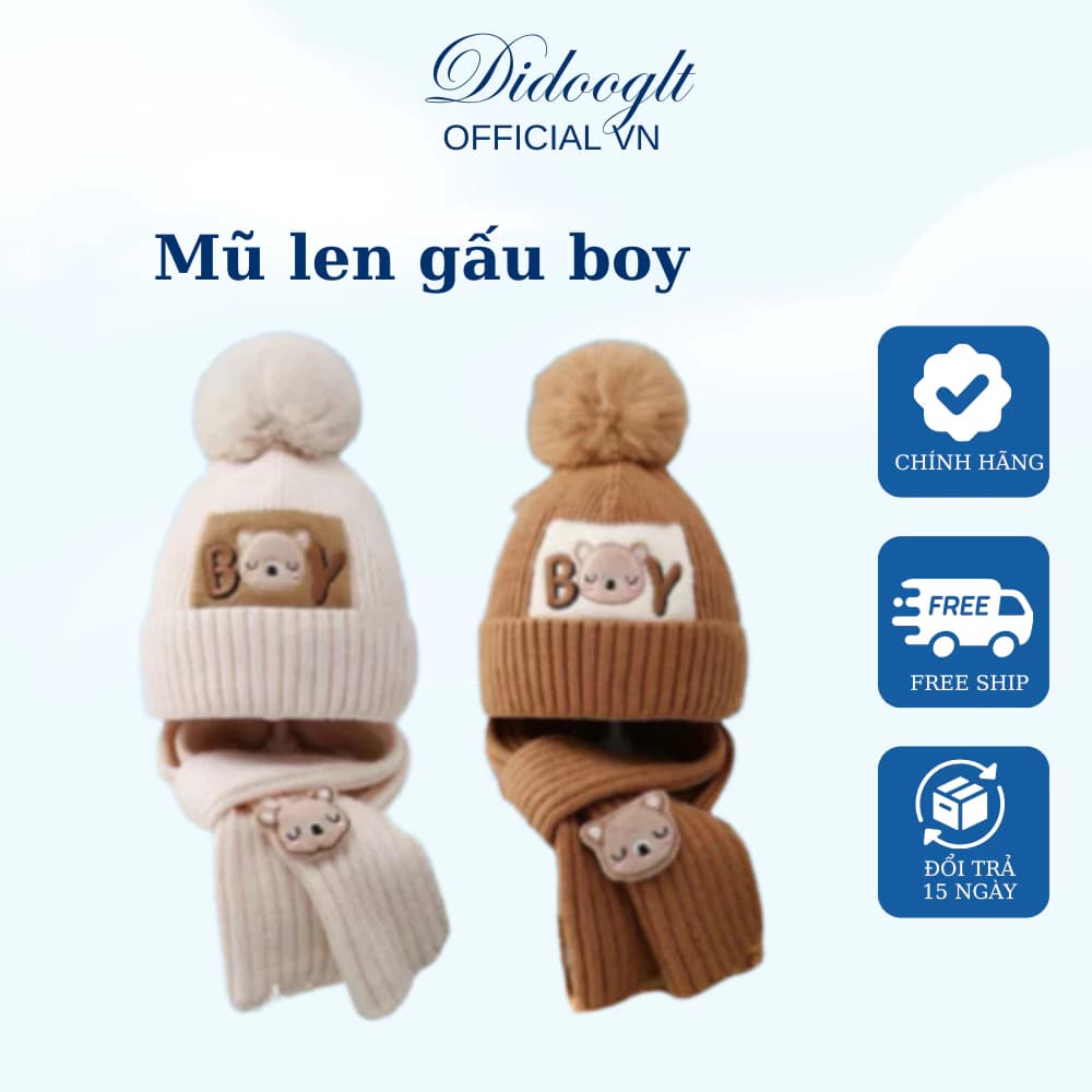 Mũ len kèm khăn DIDOOGLT gấu boy siêu ấm cho bé chất liệu mềm mịn cao cấp hình gấu quả bông dễ thương cho bé