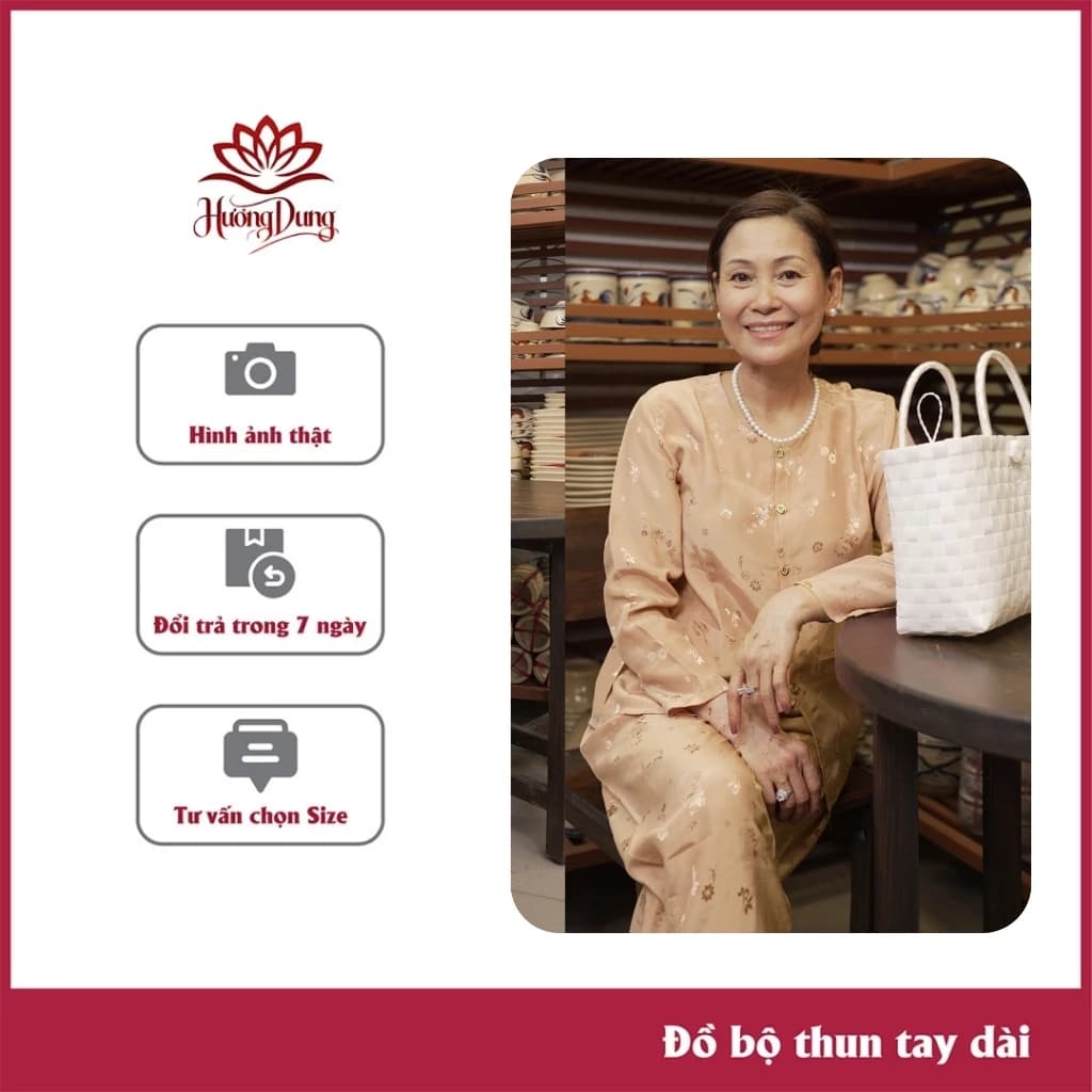 Quần Áo Người Già, Đồ Bộ Trung Niên Mặc Ở Nhà Cho Bà Và Mẹ, Gấm Thái Tay Dài - Hương Dung Store