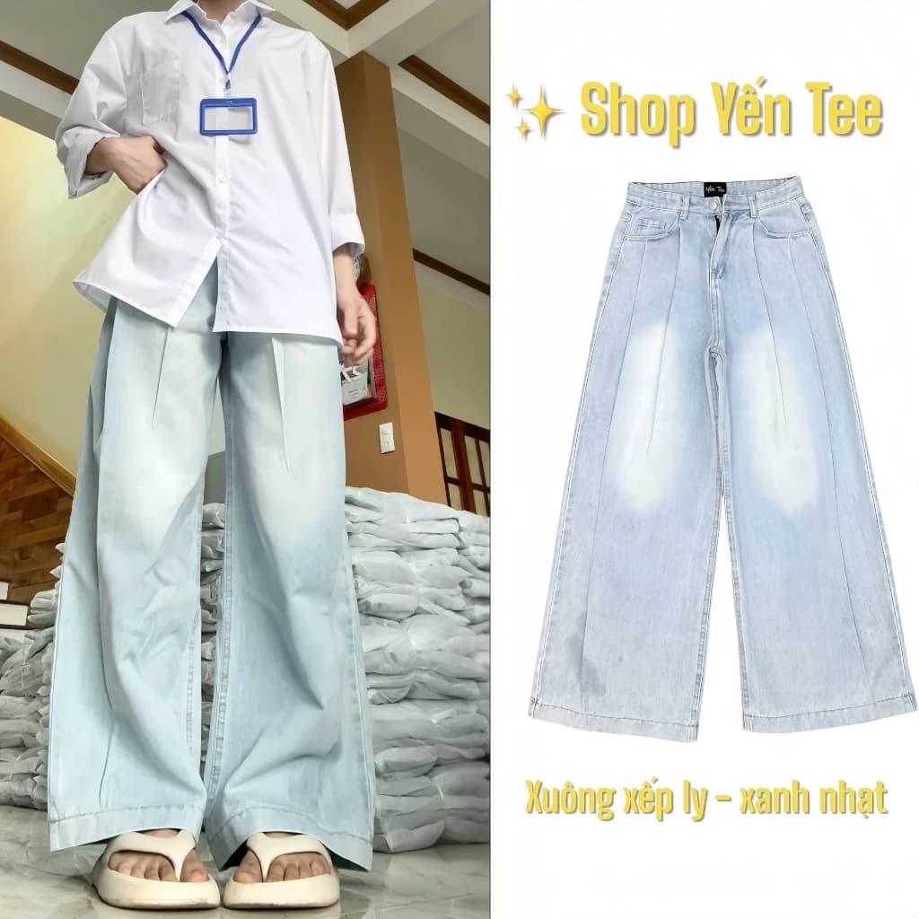 Quần jeans nữ ống suông rộng xếp ly V sành điệu che khuyết điểm Yến Tee Shop #1001
