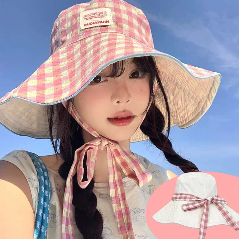 Mũ Bucket Rộng Vành Đội Được 2 Mặt Họa Tiết Caro-Trơn Màu Pastel, Mũ Tai Bèo Chống Nắng Dây Nơ Đi Chơi, Đi Biển