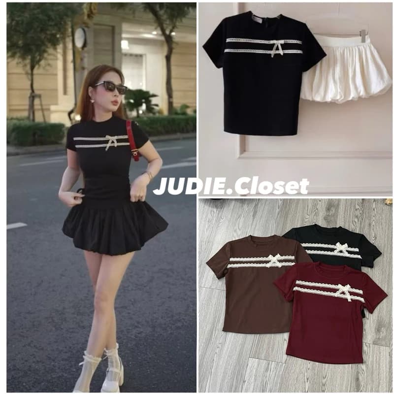 Áo Thun Cộc Tay Nữ Dáng Ôm Gắn Ren Ngực Cách Điệu Chất Thun Dip Co Dãn - ảnh thật L1 JUDIE.Closet