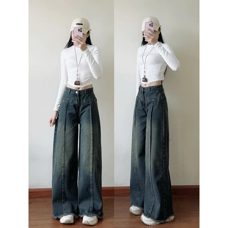 Quần jeans suông ống rộng túi cơi gân giữa gấu tua rua phong cách HQ