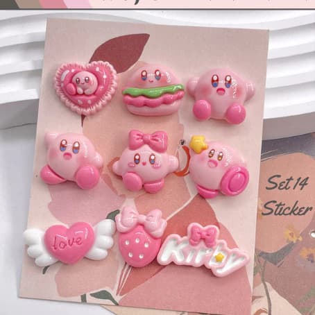 Bộ 14 Sticker, Charm 3D chủ đề Kirby DIY nhựa cứng gắn Dép, Dép Sục, Cá Sấu MayTo JB-36