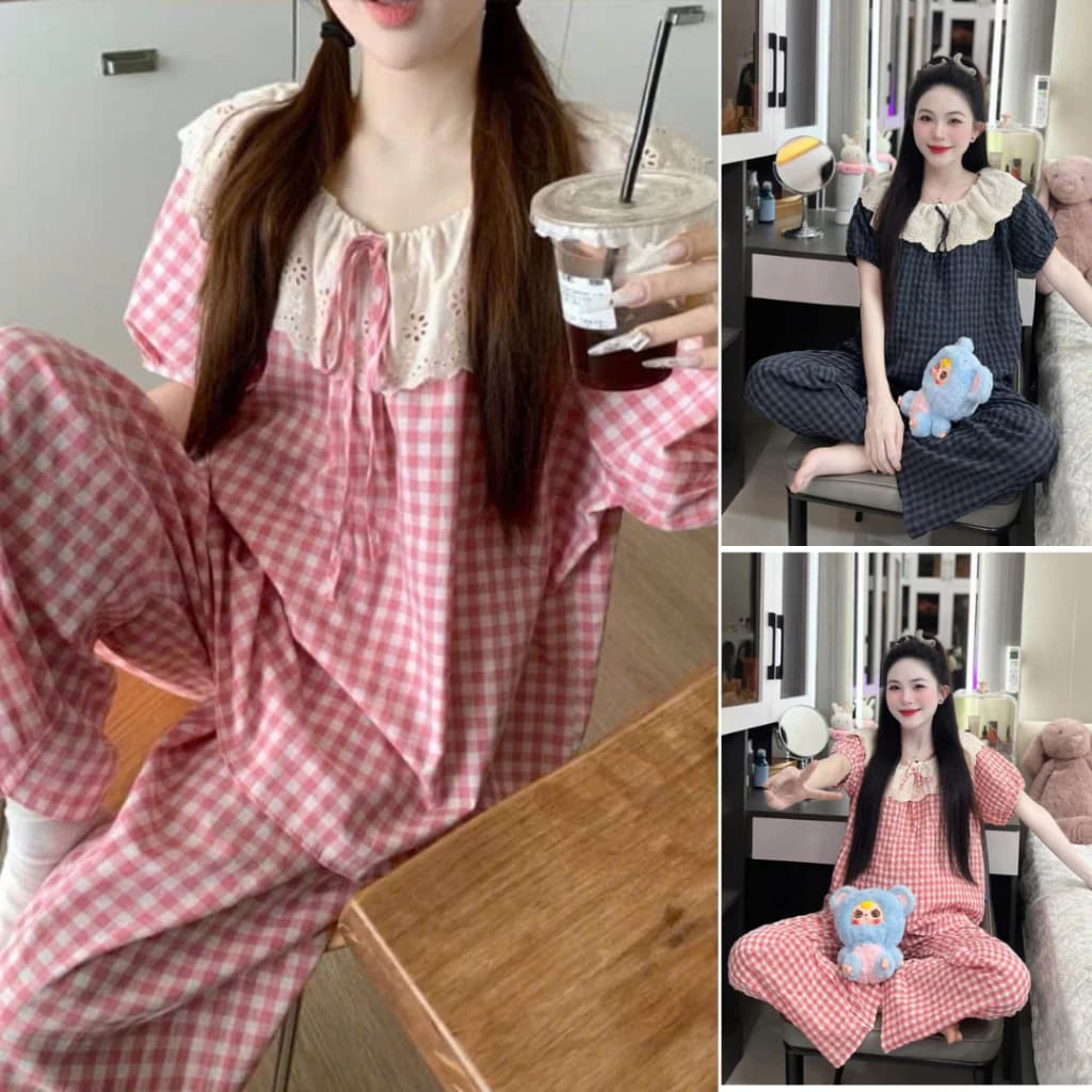 Bộ pijama nữ CỘC DÀI cổ ren caro dễ thương nhiều màu - Bộ ngủ tay ngắn hoạ tiết kẻ caro B12CD