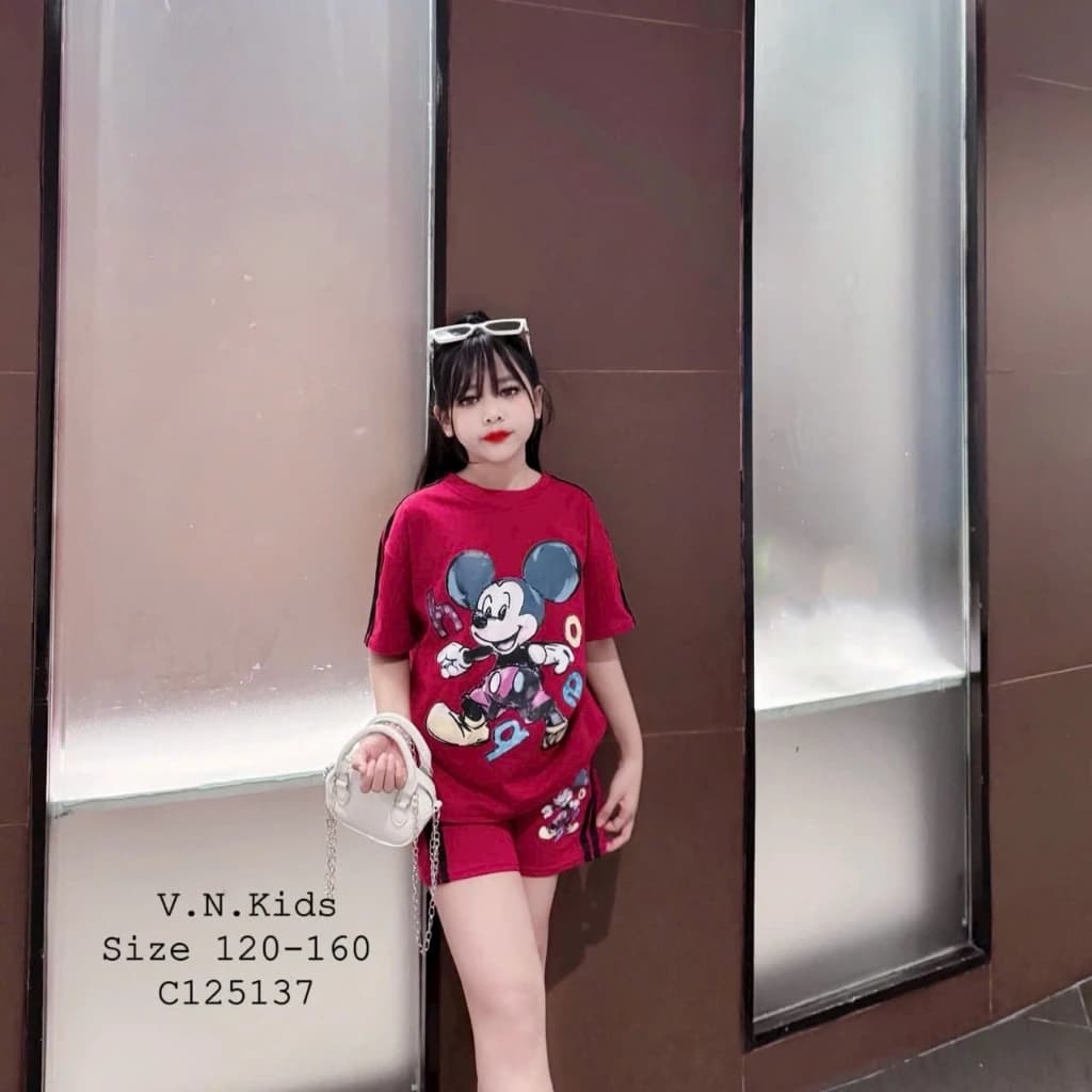 Bộ Quần Áo Phối Sọc In Hình Mickey Dễ Thương Đầy Cá Tính Dành Cho Bé Gái 13-43kg Chất Liệu Cotton Su (CK008)
