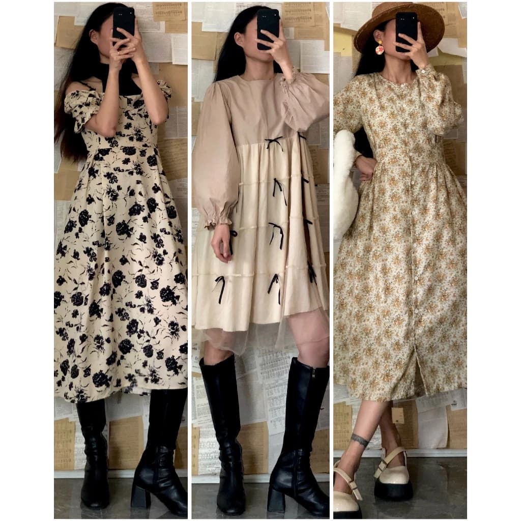 [update tháng 3.2026] Đầm váy vintage dáng dài hoạ tiết hoa nhí hai lớp dày dặn, nhiều kiểu, được chọn mẫu