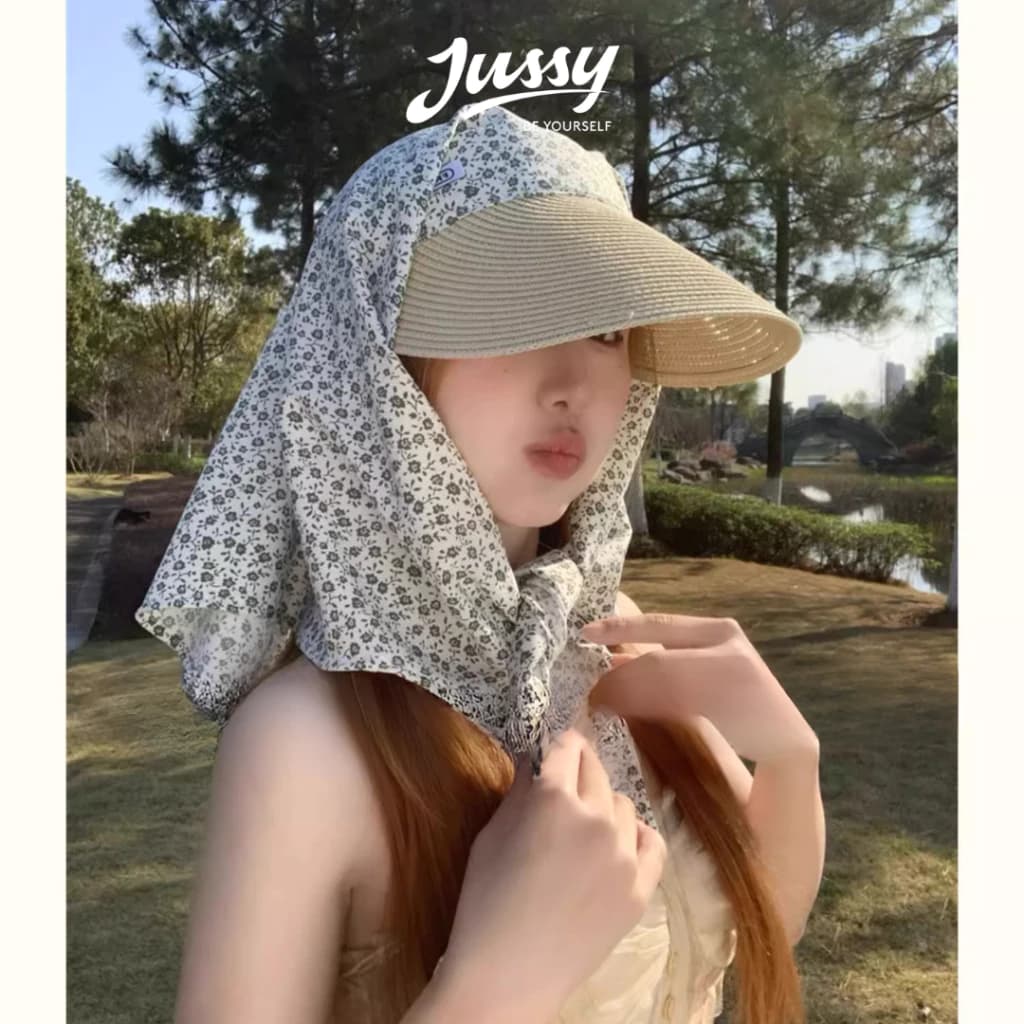 Mũ Trùm Đầu Vành Cói Họa Tiết Hoa Nhí JN21 Jussy Official Mũ Chống Nắng Nữ Kèm Khăn Trùm Đầu Đa Năng Vải Cotton Thoáng