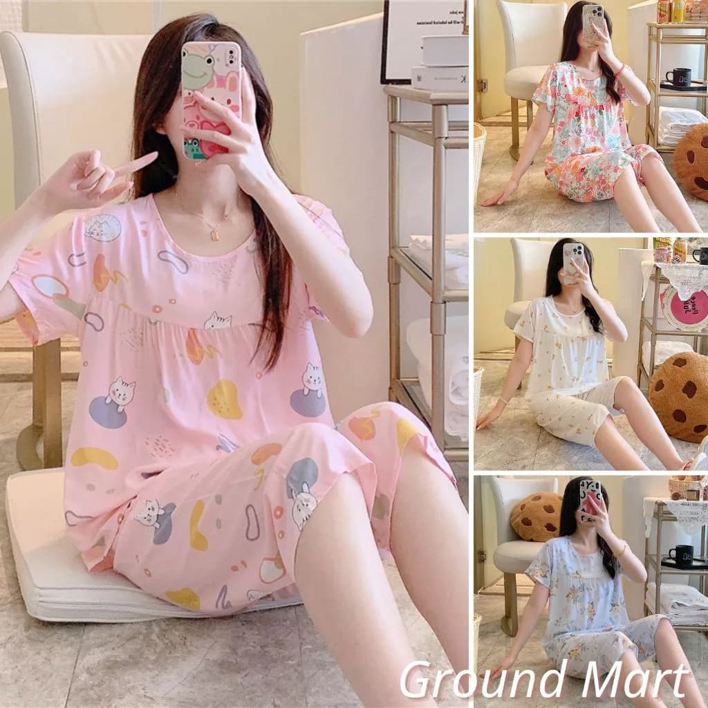 Bộ đồ mặc nhà cho nữ áo cộc tay quần lửng chất vải viscose mềm mát, họa tiết trẻ trung, size từ 45 - 77 kg (kiểu 2)