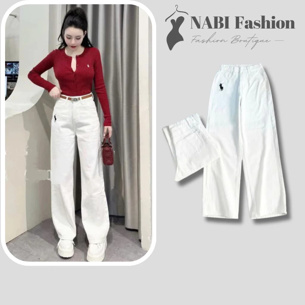 Quần Jeans Nữ Ống Rộng NABI Fashion , Quần Bò Denim Suông Màu Trắng Thêu Ngựa Bản Cạp Cao Siêu Hách Dáng Cực Đỉnh