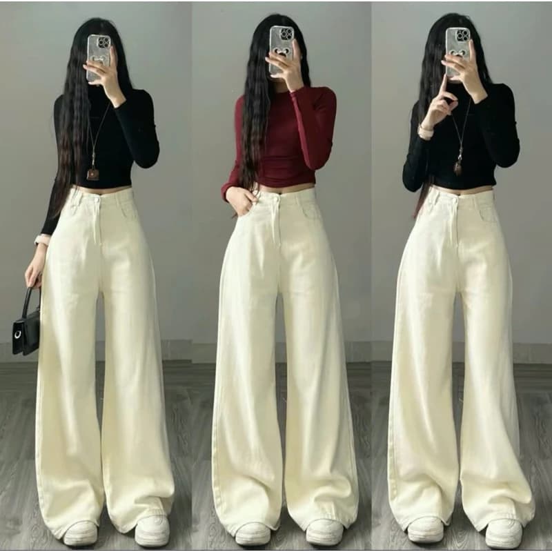 Quần jeans ống rộng TRẮNG -BE chất jeans mềm lưng cao tôn dáng