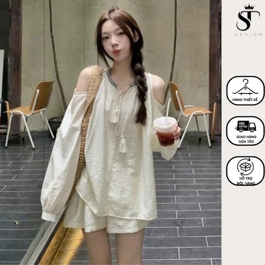 Set áo tơ  dài tay hở vai sang chảnh +quần short ống rộng phong cách nhẹ nhàng - ST Design - 17