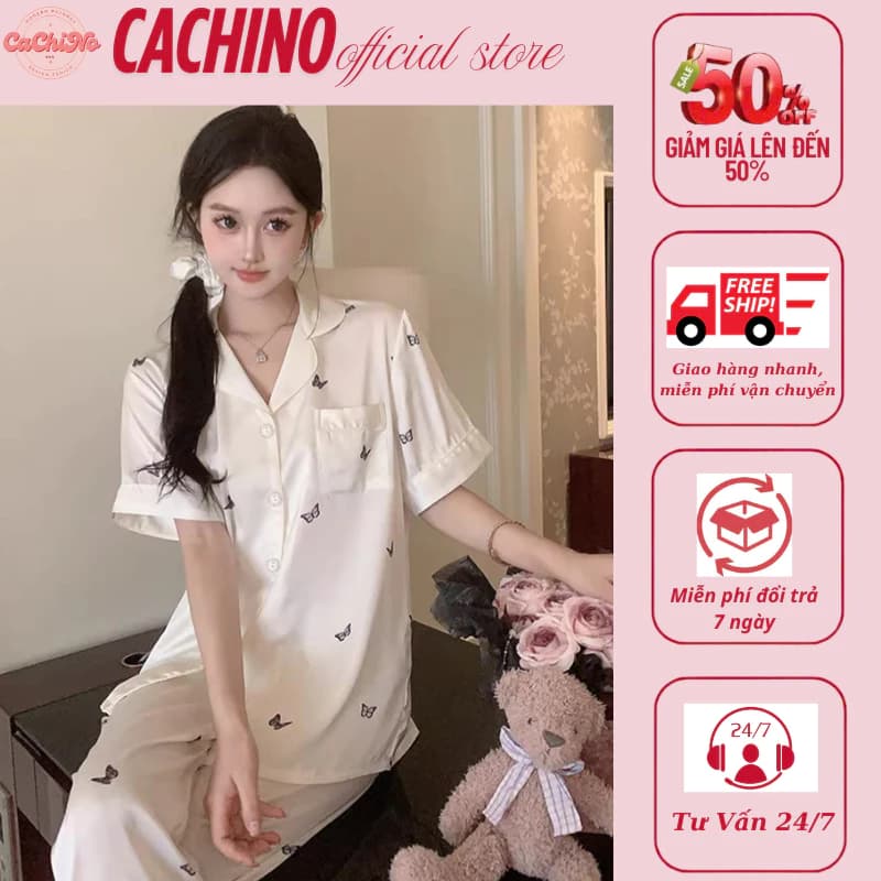 Bộ đồ ngủ nữ lụa xước cao cấp, bộ pyjama cộc tay họa tiết dễ thương hàng Quảng Châu
