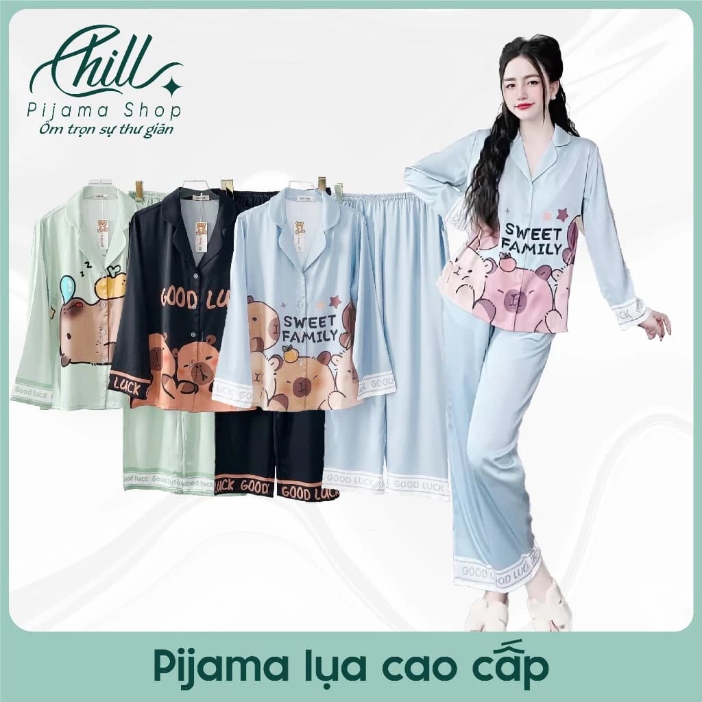 Chill Pijama | Pijama Nữ Capybara In Nhiệt Lụa Cát Mềm Mát Đồ Ngủ Nữ Tay Dài Quần Dài