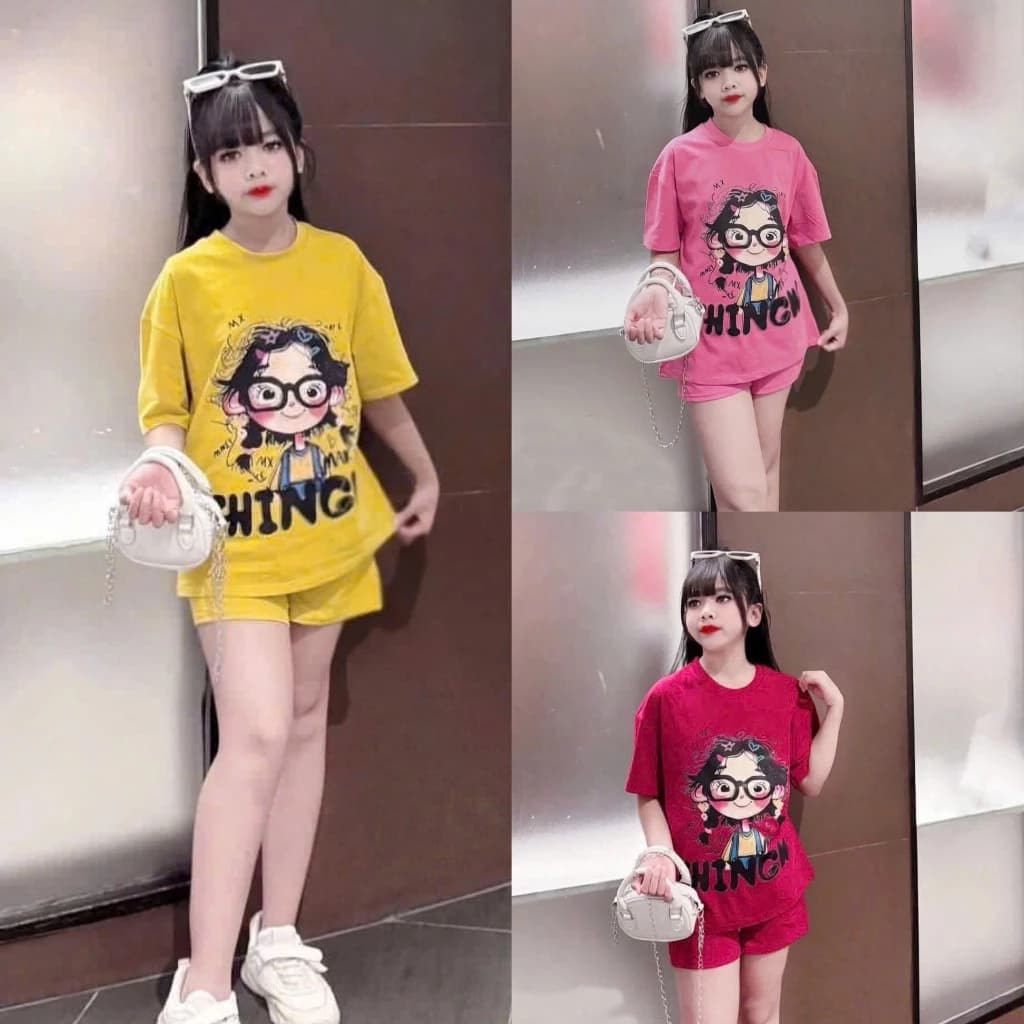 Bộ đồ tóc xù cho bé gái mẫu lớn, chất cotton, 3 màu VÀNG HỒNG ĐỎ, size 12-44 kg