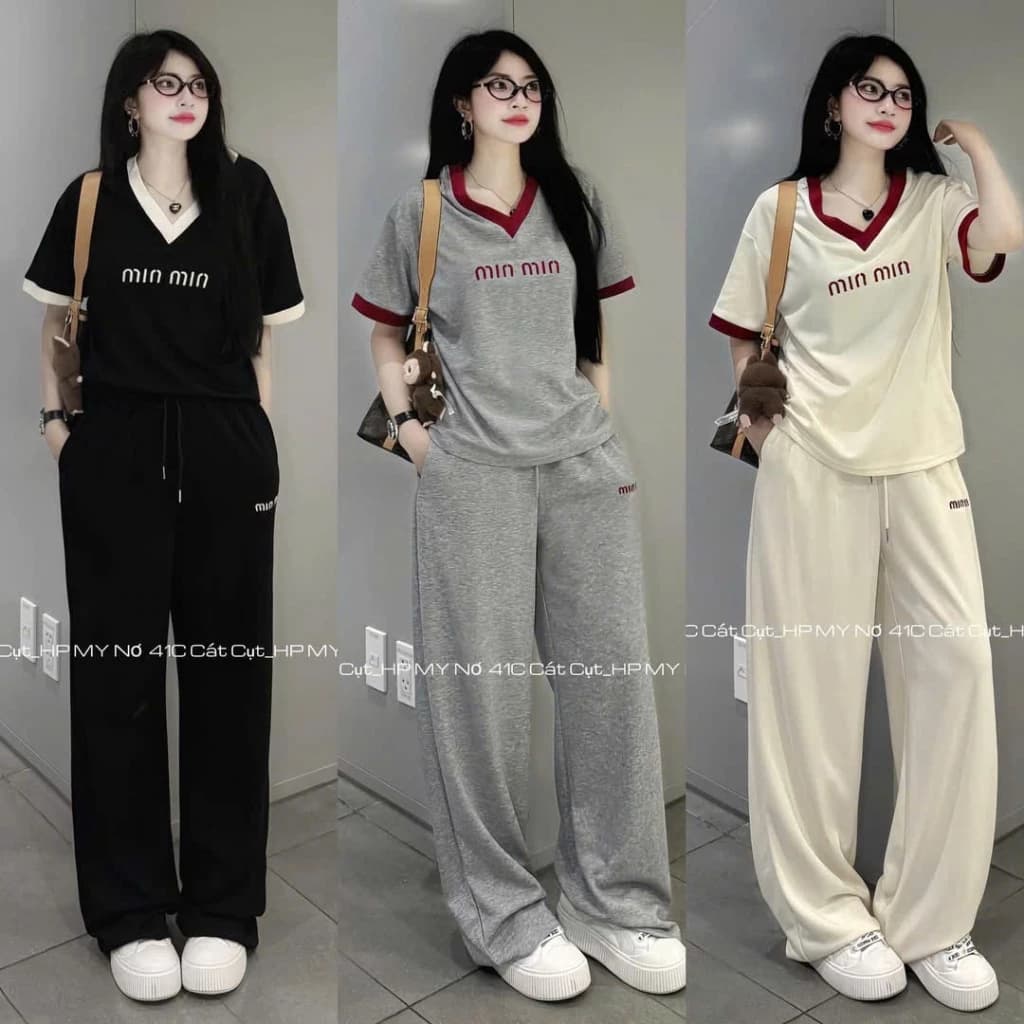 Q60- Set áo nữ cổ tim viền tay cực xịn mix quần ống rộng có dây rút từ 40-68kg