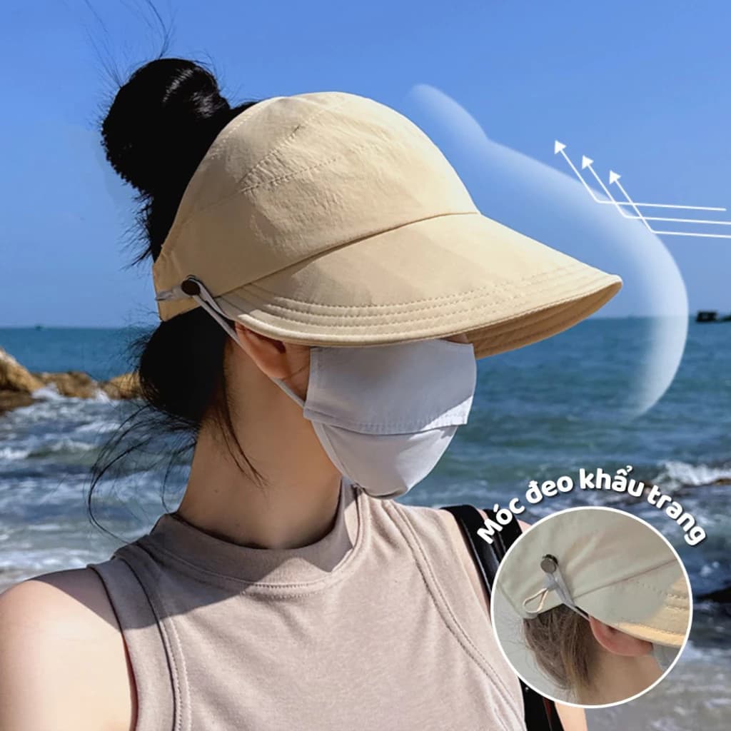Mũ chống nắng nửa đầu Hàn Quốc, Mũ bucket hở chóp, nón vành rộng có móc đeo khẩu trang 01