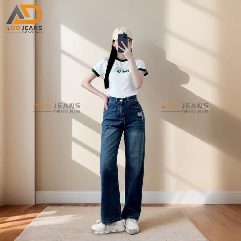 Quần jean dài nữ ống suông cạp cao, kèm đai nút chỉnh eo  ADO JEANS (DJ01)
