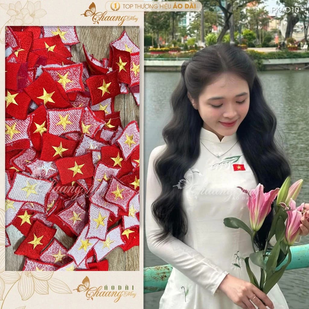 Lá cờ đỏ sao vàng tổ quốc Việt Nam thêu sẵn để đính lên quần áo dài cách tân nữ truyền thống nhiều kích thước PKAD10