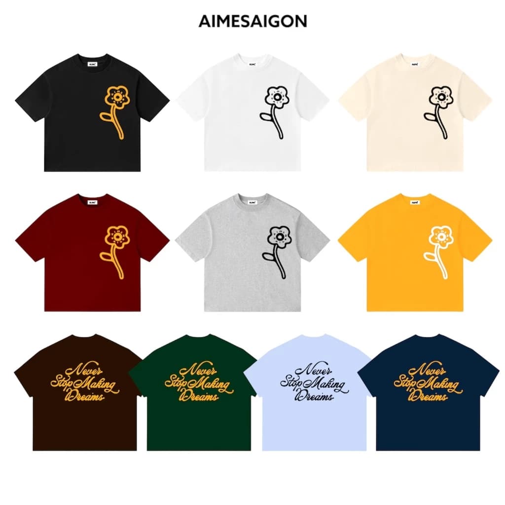 Áo Thun Big Boxy Local Brand AIMÉ Cotton Cổ Tròn Nam Nữ "FLOWER" Menswear Kem Nam Nữ - Aimesaigon