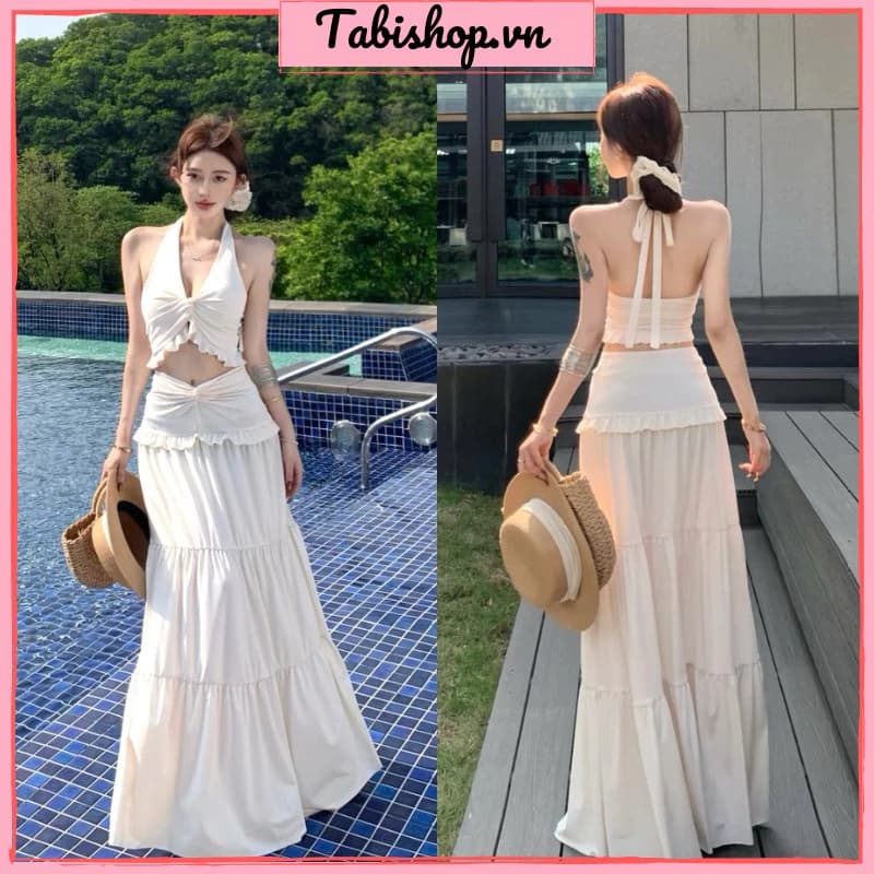 Set áo yếm xoắn ngực phối chân váy dài TABISHOP Set đồ nữ đi biển du lịch màu trắng sang chảnh(104)