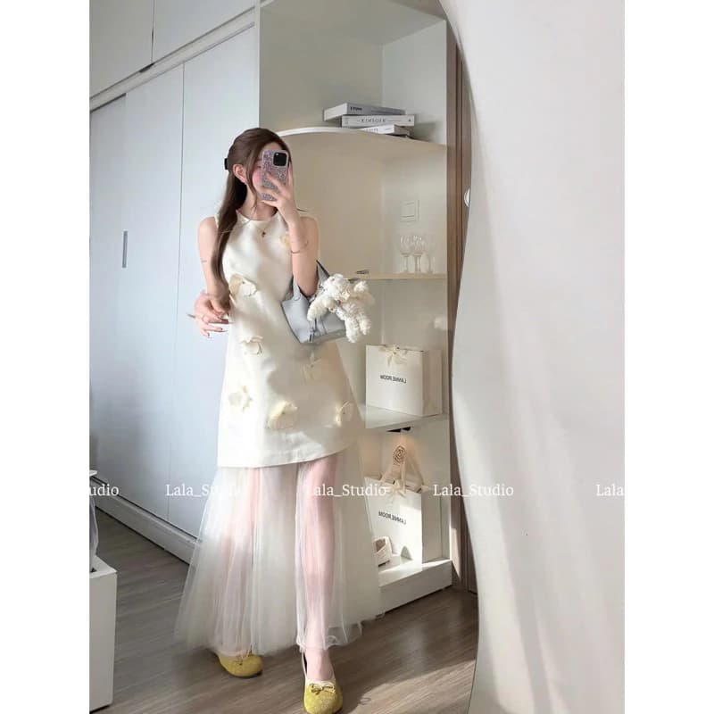 FF MISS•LALASTUDIO• Set 2 món| váy taffta sát nách phối hoa nổi kèm chân váy voan lưới dáng dài tiểu thư sang chảnh