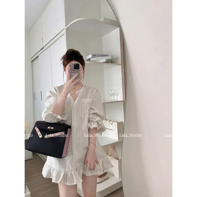 YUNBAL•LALASTUDIO• Váy sơ mi kẻ cổ tròn dáng xuông phối bèo tay bo chun tiểu thư, váy sơ mi ket basic ( hàng Loại 1)