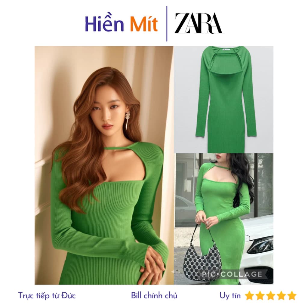 (Size S) ZARA Đức - Đầm dài midi body ôm dài tay ngực cutout xanh lá sale auth new sẵn chính hãng cao cấp 0858/512