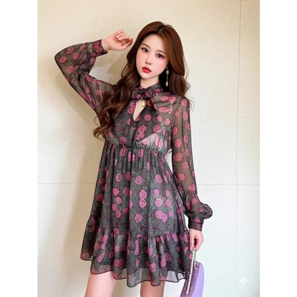 (Size XS) ZARA Đức - Đầm váy sale auth new tag cao cấp chính hãng 8475/398 hoa chiffon voan mỏng xòe nơ cổ vintage ngắn