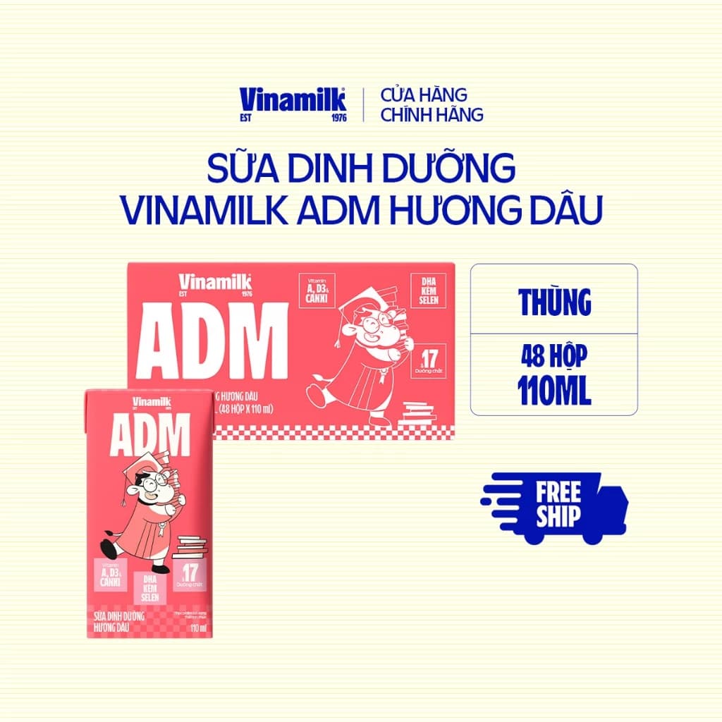 Thùng Sữa dinh dưỡng Vinamilk ADM Hương dâu Hộp 110ml - 48 hộp/Thùng