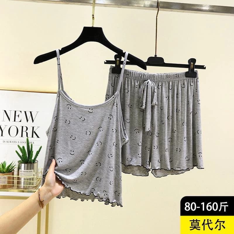 Đồ ngủ nữ hai dây in mặt cười dáng rộng chất mát mùa hè – Set pijama mặc nhà dễ thương
