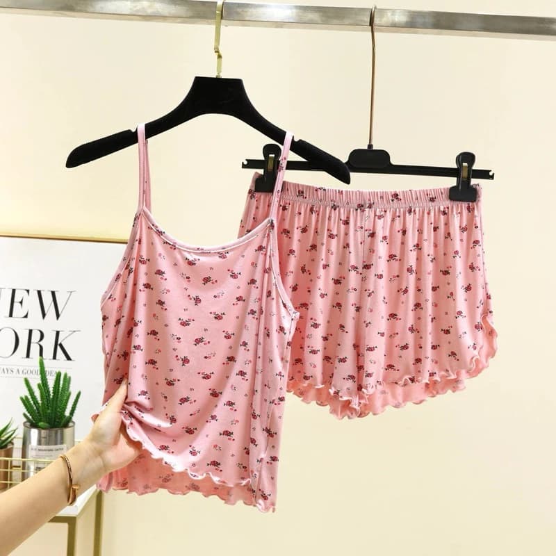 Bộ đồ ngủ nữ 2 dây hoa nhí dáng rộng chất thun mát – Set pijama mùa hè dễ thương