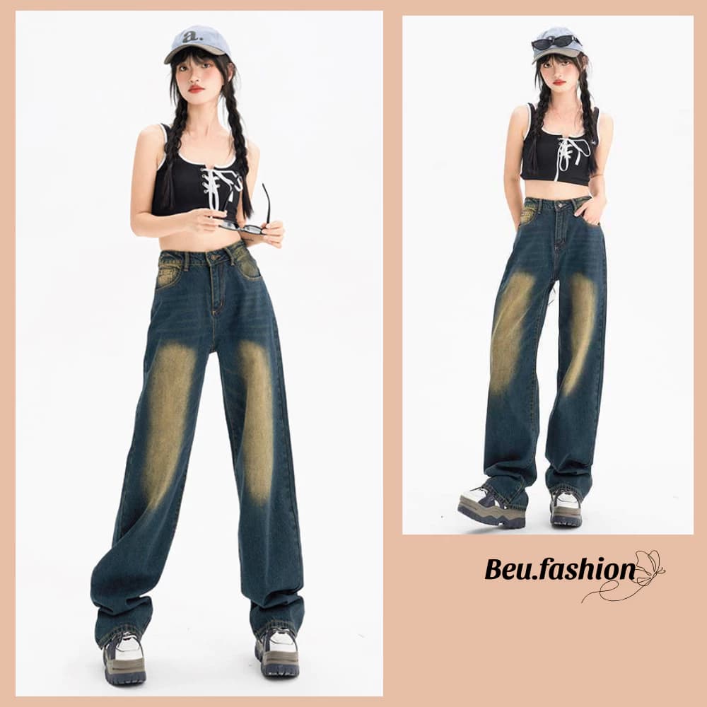 Quần Jeans Wash  MIAA Cạp Cao Ống Rộng Form Unisex, Quần Bò Ống Rộng Nữ Giá Rẻ Phong Cách Retro Ulzzang 2024