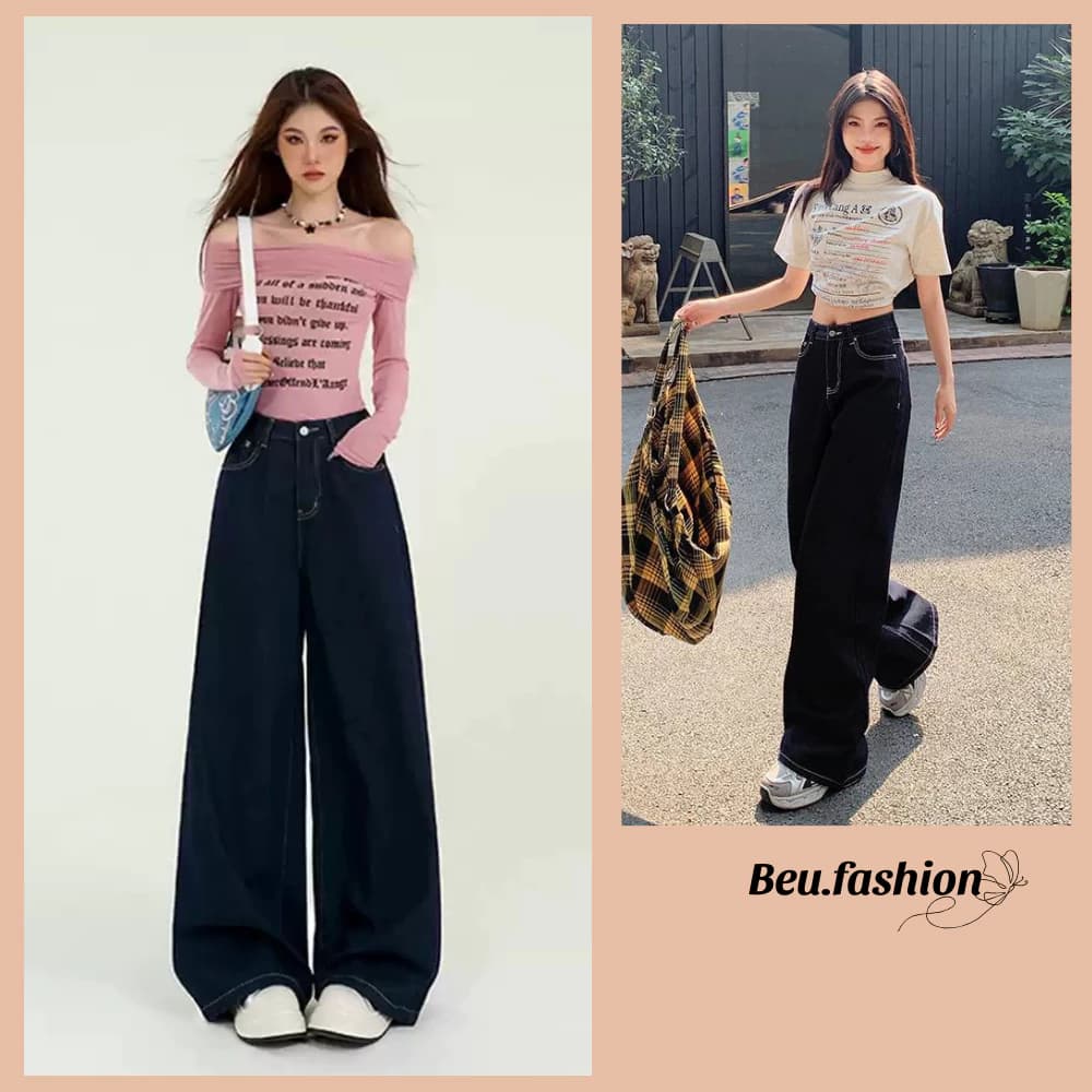 Quần jean Ống Suông Màu Xanh Than MIAA Chỉ Nổi Lưng Cao tôn dáng vibe thu đông ống rộng 28cm