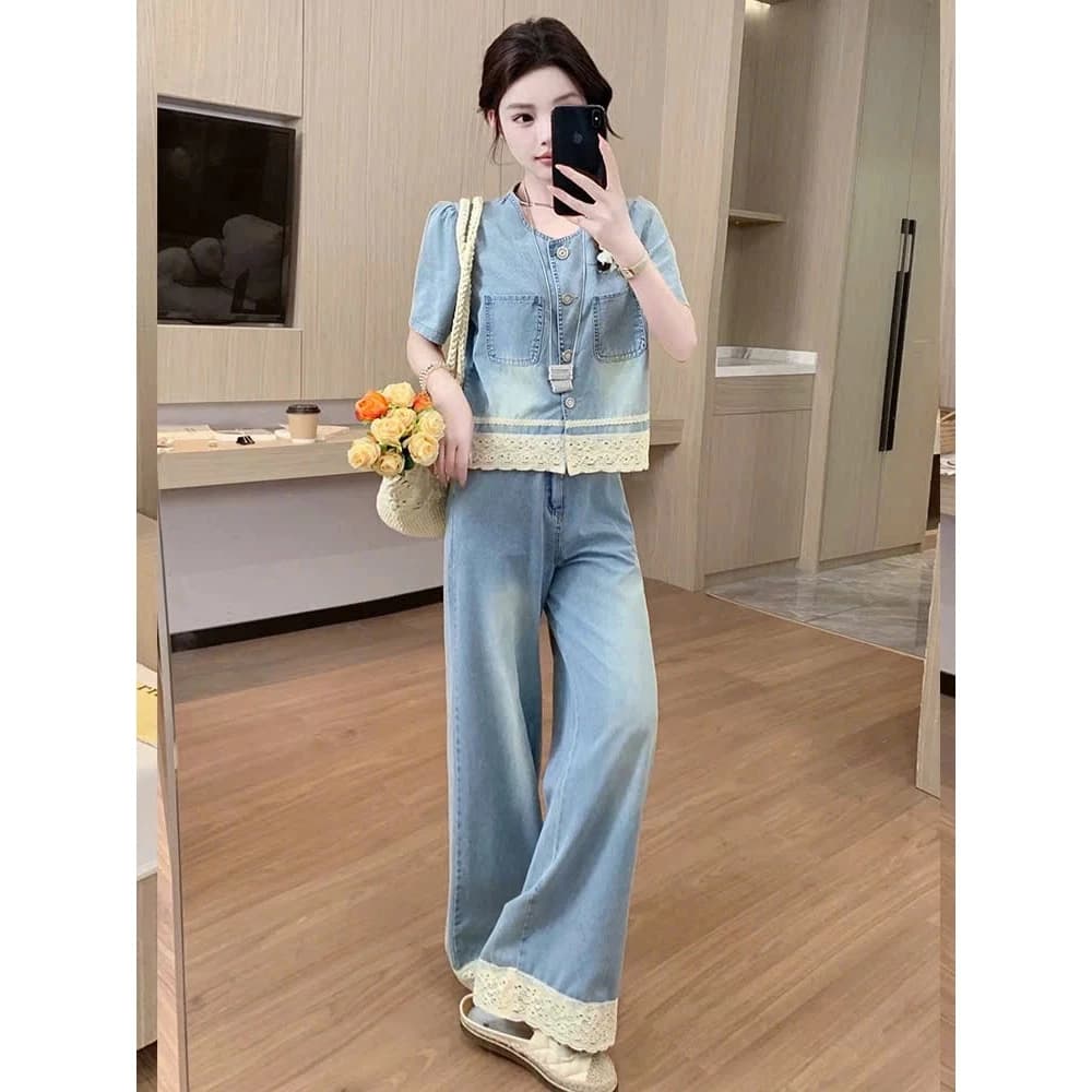 Set bộ jean phối ren xinh xắn trendy hot hit, Set bộ bò mềm phối ren siêu xinh mẫu mới (HC43)