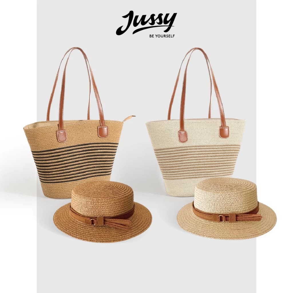 Combo Túi Mũ Cói Hàn Quốc Hot Trend JTUI04 và JCB09 Jussy Official Set Mũ Cói Rộng Vành Che Nắng Kèm Túi Cói Du Lịch