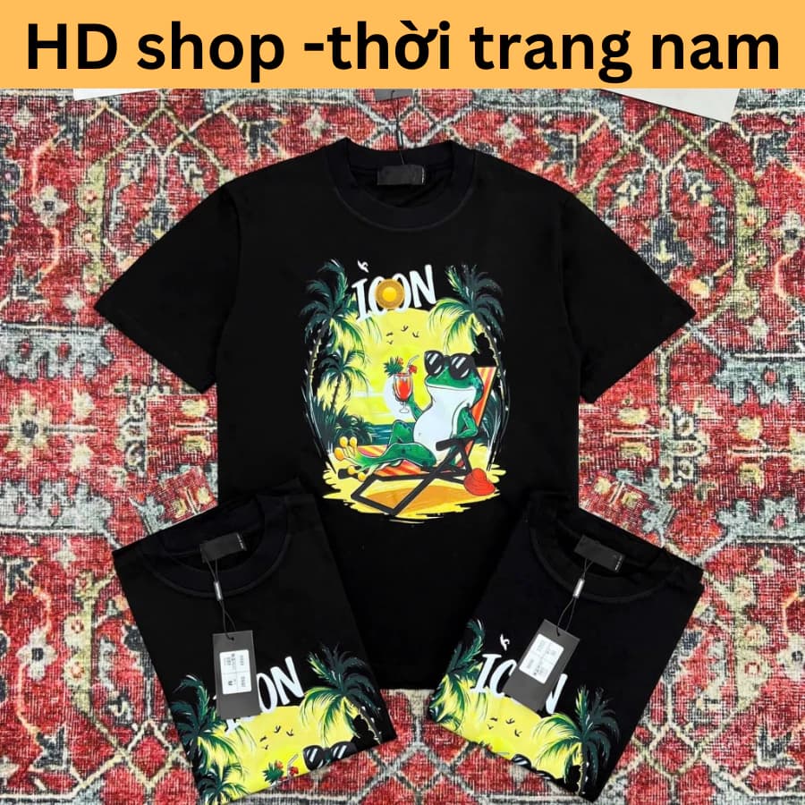 Áo Phông Nam icon In Hình icon cây dừa & ếch xanh Màu Sắc Siêu Đẹp - Áo Phông DSQ Nam Chất Cotton Cao Cấp