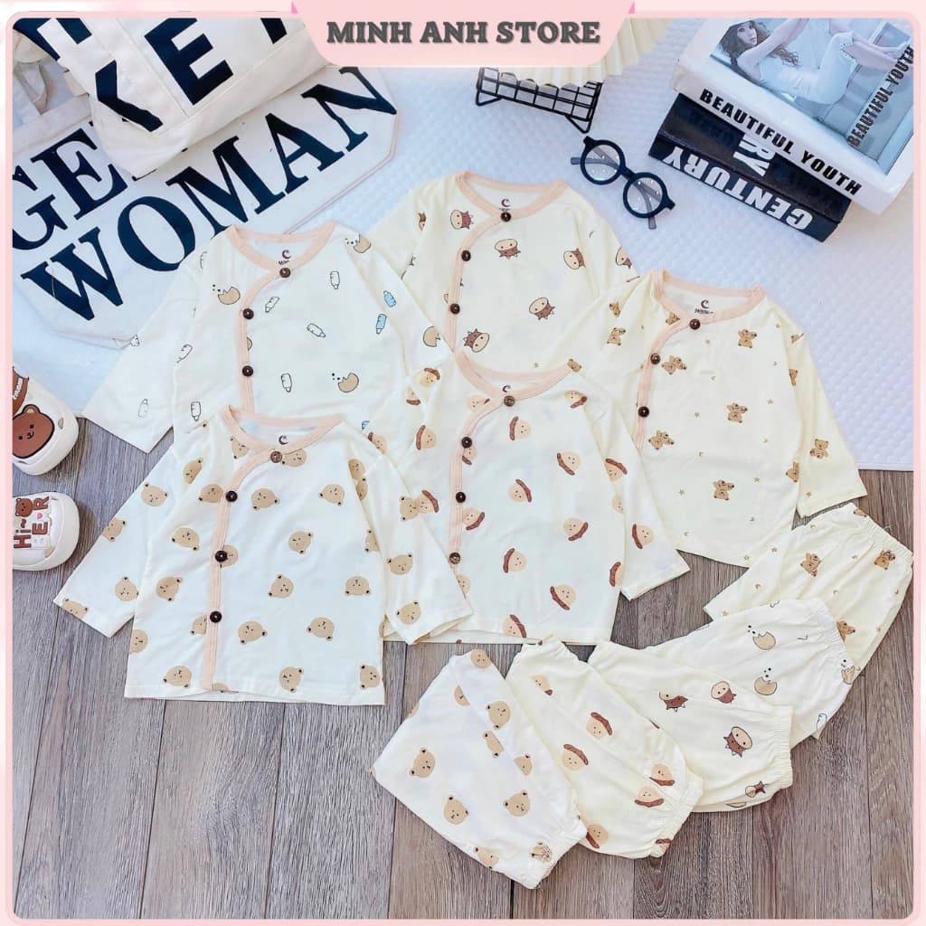 [Set 3/5] Bộ dài tay cho bé vải thun lạnh khuy chéo màu kem quần đáp đũng size từ 3-9kg VT DLK01