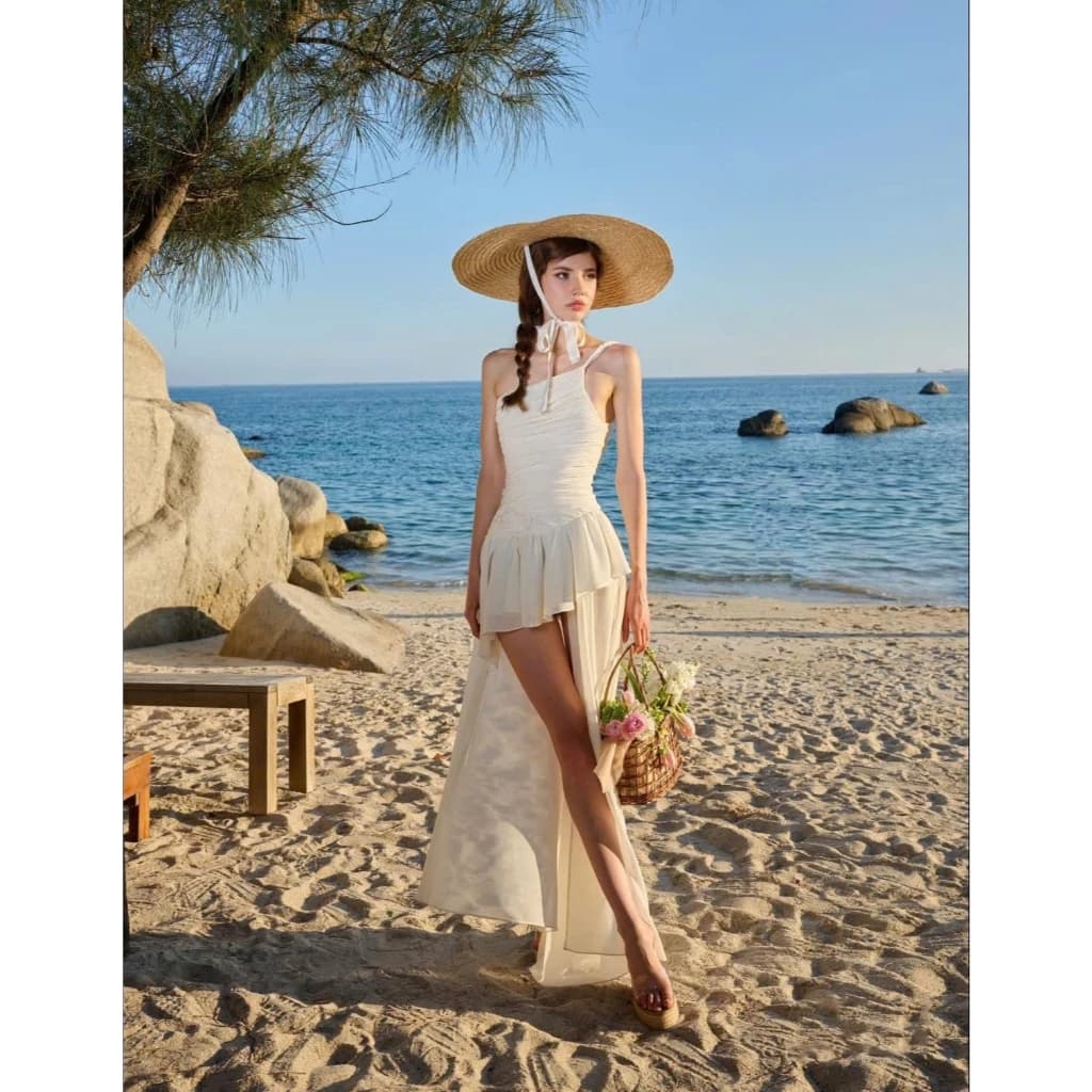 ✅[Màu Trắng] Đầm Maxi Lệch Vai Tiểu Thư Mùa Hè Dáng Dài Siêu Xinh