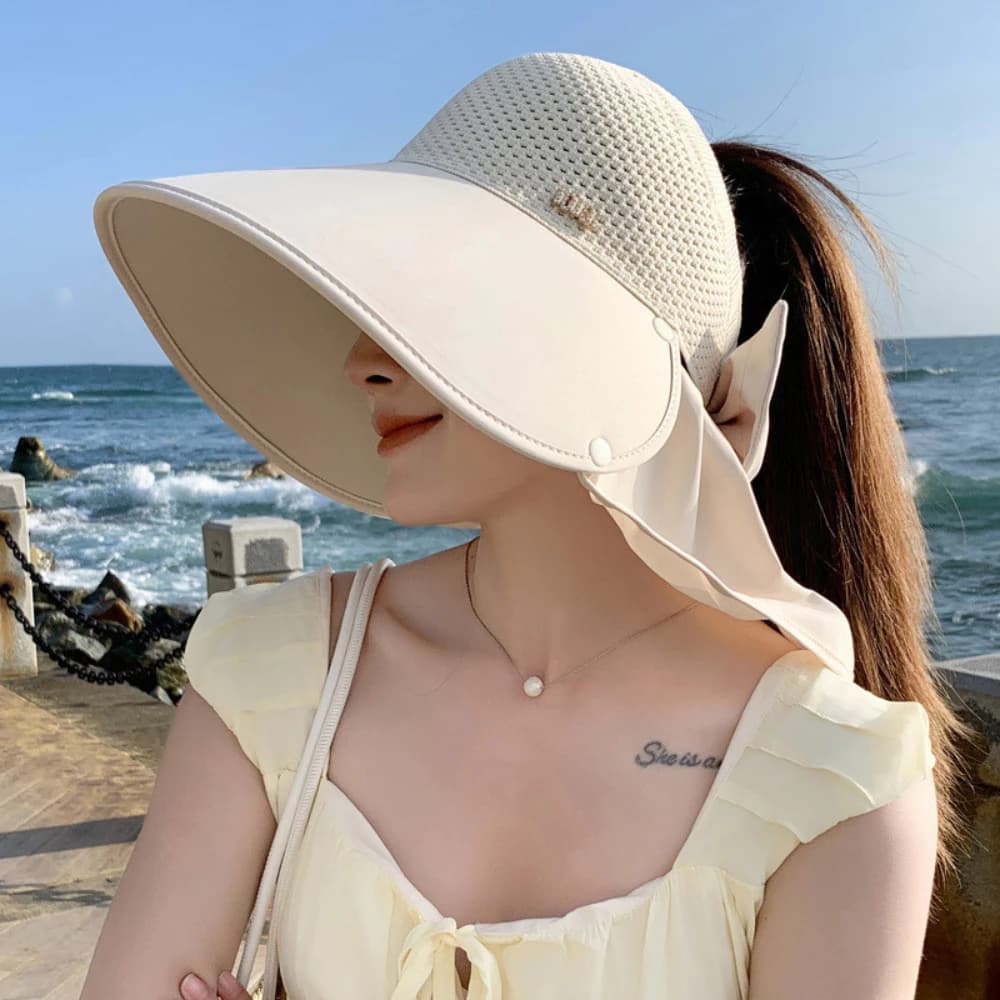 Mũ Nửa Đầu Nữ Vành Rộng Kèm Khăn Che Cổ, Mũ Nón Chống Nắng Có Dây Thắt Nơ Phong Cách Hàn Quốc